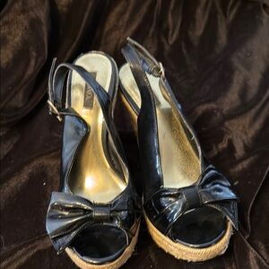 Black Patent Leather Slingback Wedge Sandals